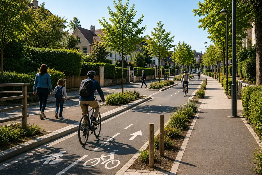 Citoyens et cyclistes en ville autour de pistes cyclables