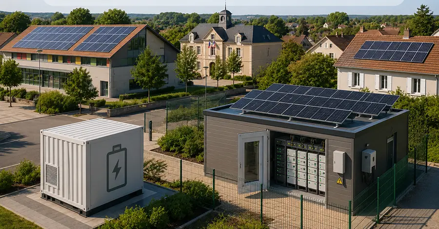 Ville avec des bâtiments ayant des panneaux solaires