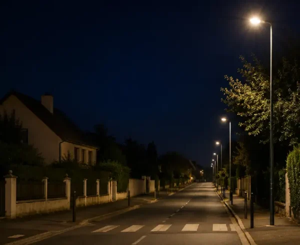 Rue sombre éclairée par des lampadaires dans une banlieue parisienne
